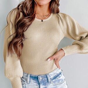 B072 Apricot Ribbed Balloon Sleeve Bodysuit